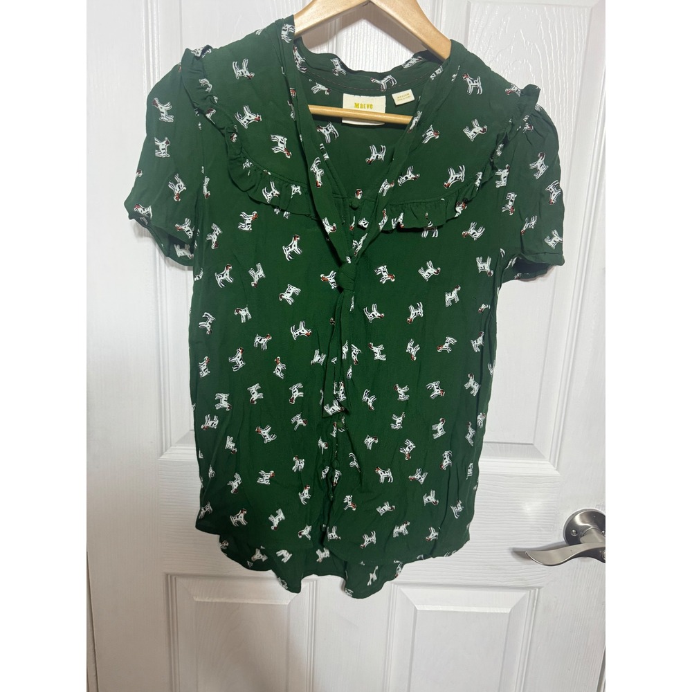 Maeve Anthropologie Green Dog Print Ruffle Collar Tie Front Blouse Medium